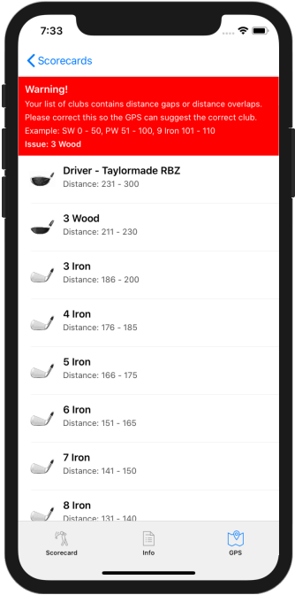 Golf GPS App Golf Bag Warning